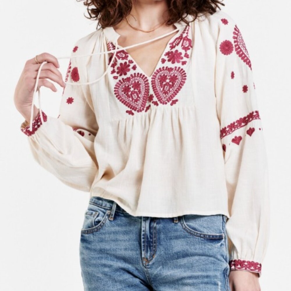 Dear John - Natalia Embroidery Detail Cream Long Sleeve Top